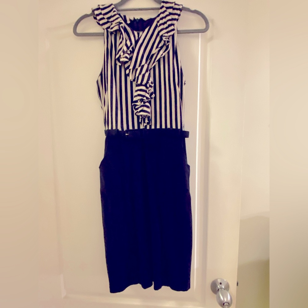 Eva Franco Navy and Cream belted dress